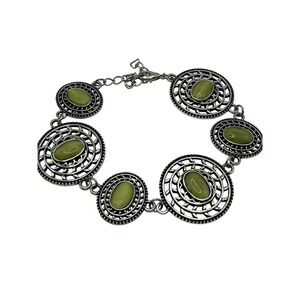 Boho Western Southwestern Green Stone Silver Tone Link Bracelet Statement‎